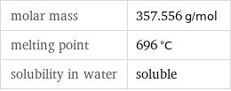 molar mass | 357.556 g/mol melting point | 696 °C solubility in water | soluble