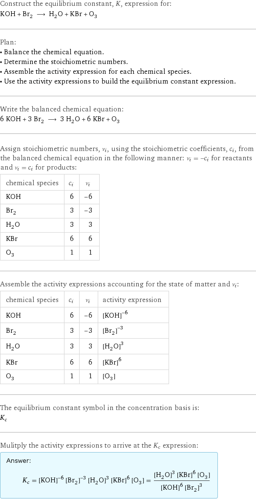 Construct the equilibrium constant, K, expression for: KOH + Br_2 ⟶ H_2O + KBr + O_3 Plan: • Balance the chemical equation. • Determine the stoichiometric numbers. • Assemble the activity expression for each chemical species. • Use the activity expressions to build the equilibrium constant expression. Write the balanced chemical equation: 6 KOH + 3 Br_2 ⟶ 3 H_2O + 6 KBr + O_3 Assign stoichiometric numbers, ν_i, using the stoichiometric coefficients, c_i, from the balanced chemical equation in the following manner: ν_i = -c_i for reactants and ν_i = c_i for products: chemical species | c_i | ν_i KOH | 6 | -6 Br_2 | 3 | -3 H_2O | 3 | 3 KBr | 6 | 6 O_3 | 1 | 1 Assemble the activity expressions accounting for the state of matter and ν_i: chemical species | c_i | ν_i | activity expression KOH | 6 | -6 | ([KOH])^(-6) Br_2 | 3 | -3 | ([Br2])^(-3) H_2O | 3 | 3 | ([H2O])^3 KBr | 6 | 6 | ([KBr])^6 O_3 | 1 | 1 | [O3] The equilibrium constant symbol in the concentration basis is: K_c Mulitply the activity expressions to arrive at the K_c expression: Answer: |   | K_c = ([KOH])^(-6) ([Br2])^(-3) ([H2O])^3 ([KBr])^6 [O3] = (([H2O])^3 ([KBr])^6 [O3])/(([KOH])^6 ([Br2])^3)