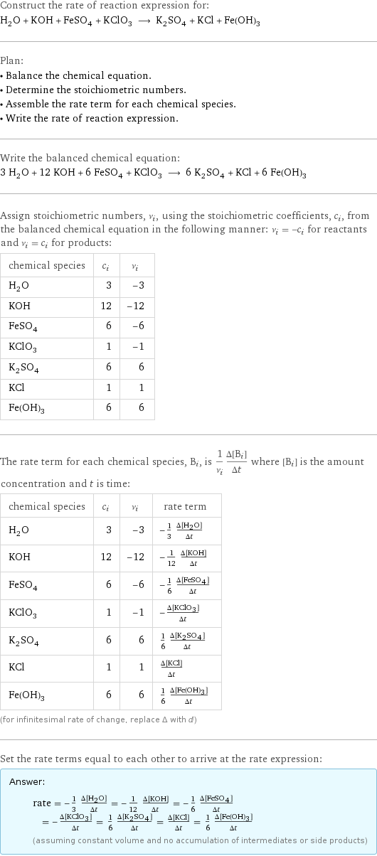 Construct the rate of reaction expression for: H_2O + KOH + FeSO_4 + KClO_3 ⟶ K_2SO_4 + KCl + Fe(OH)_3 Plan: • Balance the chemical equation. • Determine the stoichiometric numbers. • Assemble the rate term for each chemical species. • Write the rate of reaction expression. Write the balanced chemical equation: 3 H_2O + 12 KOH + 6 FeSO_4 + KClO_3 ⟶ 6 K_2SO_4 + KCl + 6 Fe(OH)_3 Assign stoichiometric numbers, ν_i, using the stoichiometric coefficients, c_i, from the balanced chemical equation in the following manner: ν_i = -c_i for reactants and ν_i = c_i for products: chemical species | c_i | ν_i H_2O | 3 | -3 KOH | 12 | -12 FeSO_4 | 6 | -6 KClO_3 | 1 | -1 K_2SO_4 | 6 | 6 KCl | 1 | 1 Fe(OH)_3 | 6 | 6 The rate term for each chemical species, B_i, is 1/ν_i(Δ[B_i])/(Δt) where [B_i] is the amount concentration and t is time: chemical species | c_i | ν_i | rate term H_2O | 3 | -3 | -1/3 (Δ[H2O])/(Δt) KOH | 12 | -12 | -1/12 (Δ[KOH])/(Δt) FeSO_4 | 6 | -6 | -1/6 (Δ[FeSO4])/(Δt) KClO_3 | 1 | -1 | -(Δ[KClO3])/(Δt) K_2SO_4 | 6 | 6 | 1/6 (Δ[K2SO4])/(Δt) KCl | 1 | 1 | (Δ[KCl])/(Δt) Fe(OH)_3 | 6 | 6 | 1/6 (Δ[Fe(OH)3])/(Δt) (for infinitesimal rate of change, replace Δ with d) Set the rate terms equal to each other to arrive at the rate expression: Answer: |   | rate = -1/3 (Δ[H2O])/(Δt) = -1/12 (Δ[KOH])/(Δt) = -1/6 (Δ[FeSO4])/(Δt) = -(Δ[KClO3])/(Δt) = 1/6 (Δ[K2SO4])/(Δt) = (Δ[KCl])/(Δt) = 1/6 (Δ[Fe(OH)3])/(Δt) (assuming constant volume and no accumulation of intermediates or side products)