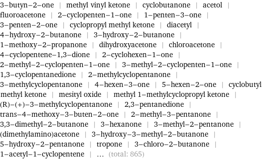 3-butyn-2-one | methyl vinyl ketone | cyclobutanone | acetol | fluoroacetone | 2-cyclopenten-1-one | 1-penten-3-one | 3-penten-2-one | cyclopropyl methyl ketone | diacetyl | 4-hydroxy-2-butanone | 3-hydroxy-2-butanone | 1-methoxy-2-propanone | dihydroxyacetone | chloroacetone | 4-cyclopentene-1, 3-dione | 2-cyclohexen-1-one | 2-methyl-2-cyclopenten-1-one | 3-methyl-2-cyclopenten-1-one | 1, 3-cyclopentanedione | 2-methylcyclopentanone | 3-methylcyclopentanone | 4-hexen-3-one | 5-hexen-2-one | cyclobutyl methyl ketone | mesityl oxide | methyl 1-methylcyclopropyl ketone | (R)-(+)-3-methylcyclopentanone | 2, 3-pentanedione | trans-4-methoxy-3-buten-2-one | 2-methyl-3-pentanone | 3, 3-dimethyl-2-butanone | 3-hexanone | 3-methyl-2-pentanone | (dimethylamino)acetone | 3-hydroxy-3-methyl-2-butanone | 5-hydroxy-2-pentanone | tropone | 3-chloro-2-butanone | 1-acetyl-1-cyclopentene | ... (total: 865)