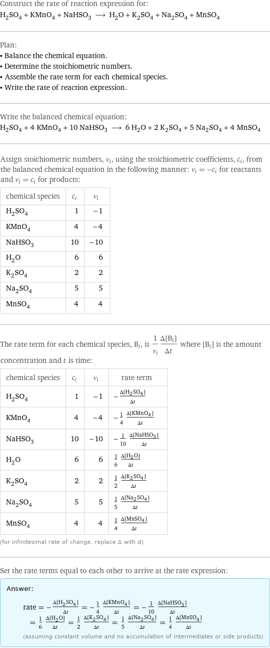 Construct the rate of reaction expression for: H_2SO_4 + KMnO_4 + NaHSO_3 ⟶ H_2O + K_2SO_4 + Na_2SO_4 + MnSO_4 Plan: • Balance the chemical equation. • Determine the stoichiometric numbers. • Assemble the rate term for each chemical species. • Write the rate of reaction expression. Write the balanced chemical equation: H_2SO_4 + 4 KMnO_4 + 10 NaHSO_3 ⟶ 6 H_2O + 2 K_2SO_4 + 5 Na_2SO_4 + 4 MnSO_4 Assign stoichiometric numbers, ν_i, using the stoichiometric coefficients, c_i, from the balanced chemical equation in the following manner: ν_i = -c_i for reactants and ν_i = c_i for products: chemical species | c_i | ν_i H_2SO_4 | 1 | -1 KMnO_4 | 4 | -4 NaHSO_3 | 10 | -10 H_2O | 6 | 6 K_2SO_4 | 2 | 2 Na_2SO_4 | 5 | 5 MnSO_4 | 4 | 4 The rate term for each chemical species, B_i, is 1/ν_i(Δ[B_i])/(Δt) where [B_i] is the amount concentration and t is time: chemical species | c_i | ν_i | rate term H_2SO_4 | 1 | -1 | -(Δ[H2SO4])/(Δt) KMnO_4 | 4 | -4 | -1/4 (Δ[KMnO4])/(Δt) NaHSO_3 | 10 | -10 | -1/10 (Δ[NaHSO3])/(Δt) H_2O | 6 | 6 | 1/6 (Δ[H2O])/(Δt) K_2SO_4 | 2 | 2 | 1/2 (Δ[K2SO4])/(Δt) Na_2SO_4 | 5 | 5 | 1/5 (Δ[Na2SO4])/(Δt) MnSO_4 | 4 | 4 | 1/4 (Δ[MnSO4])/(Δt) (for infinitesimal rate of change, replace Δ with d) Set the rate terms equal to each other to arrive at the rate expression: Answer: |   | rate = -(Δ[H2SO4])/(Δt) = -1/4 (Δ[KMnO4])/(Δt) = -1/10 (Δ[NaHSO3])/(Δt) = 1/6 (Δ[H2O])/(Δt) = 1/2 (Δ[K2SO4])/(Δt) = 1/5 (Δ[Na2SO4])/(Δt) = 1/4 (Δ[MnSO4])/(Δt) (assuming constant volume and no accumulation of intermediates or side products)