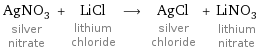 AgNO_3 silver nitrate + LiCl lithium chloride ⟶ AgCl silver chloride + LiNO_3 lithium nitrate