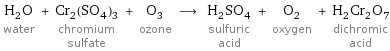 H_2O water + Cr_2(SO_4)_3 chromium sulfate + O_3 ozone ⟶ H_2SO_4 sulfuric acid + O_2 oxygen + H_2Cr_2O_7 dichromic acid