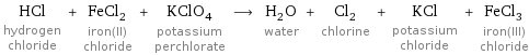HCl hydrogen chloride + FeCl_2 iron(II) chloride + KClO_4 potassium perchlorate ⟶ H_2O water + Cl_2 chlorine + KCl potassium chloride + FeCl_3 iron(III) chloride