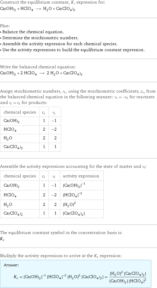 Construct the equilibrium constant, K, expression for: Ca(OH)_2 + HClO_4 ⟶ H_2O + Ca(ClO_4)_2 Plan: • Balance the chemical equation. • Determine the stoichiometric numbers. • Assemble the activity expression for each chemical species. • Use the activity expressions to build the equilibrium constant expression. Write the balanced chemical equation: Ca(OH)_2 + 2 HClO_4 ⟶ 2 H_2O + Ca(ClO_4)_2 Assign stoichiometric numbers, ν_i, using the stoichiometric coefficients, c_i, from the balanced chemical equation in the following manner: ν_i = -c_i for reactants and ν_i = c_i for products: chemical species | c_i | ν_i Ca(OH)_2 | 1 | -1 HClO_4 | 2 | -2 H_2O | 2 | 2 Ca(ClO_4)_2 | 1 | 1 Assemble the activity expressions accounting for the state of matter and ν_i: chemical species | c_i | ν_i | activity expression Ca(OH)_2 | 1 | -1 | ([Ca(OH)2])^(-1) HClO_4 | 2 | -2 | ([HClO4])^(-2) H_2O | 2 | 2 | ([H2O])^2 Ca(ClO_4)_2 | 1 | 1 | [Ca(ClO4)2] The equilibrium constant symbol in the concentration basis is: K_c Mulitply the activity expressions to arrive at the K_c expression: Answer: |   | K_c = ([Ca(OH)2])^(-1) ([HClO4])^(-2) ([H2O])^2 [Ca(ClO4)2] = (([H2O])^2 [Ca(ClO4)2])/([Ca(OH)2] ([HClO4])^2)