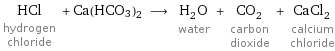 HCl hydrogen chloride + Ca(HCO3)2 ⟶ H_2O water + CO_2 carbon dioxide + CaCl_2 calcium chloride