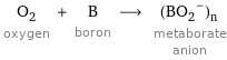 O_2 oxygen + B boron ⟶ (BO_2^-)_n metaborate anion