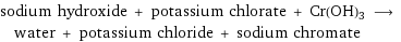 sodium hydroxide + potassium chlorate + Cr(OH)3 ⟶ water + potassium chloride + sodium chromate