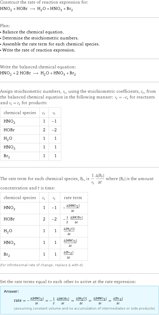 Construct the rate of reaction expression for: HNO_2 + HOBr ⟶ H_2O + HNO_3 + Br_2 Plan: • Balance the chemical equation. • Determine the stoichiometric numbers. • Assemble the rate term for each chemical species. • Write the rate of reaction expression. Write the balanced chemical equation: HNO_2 + 2 HOBr ⟶ H_2O + HNO_3 + Br_2 Assign stoichiometric numbers, ν_i, using the stoichiometric coefficients, c_i, from the balanced chemical equation in the following manner: ν_i = -c_i for reactants and ν_i = c_i for products: chemical species | c_i | ν_i HNO_2 | 1 | -1 HOBr | 2 | -2 H_2O | 1 | 1 HNO_3 | 1 | 1 Br_2 | 1 | 1 The rate term for each chemical species, B_i, is 1/ν_i(Δ[B_i])/(Δt) where [B_i] is the amount concentration and t is time: chemical species | c_i | ν_i | rate term HNO_2 | 1 | -1 | -(Δ[HNO2])/(Δt) HOBr | 2 | -2 | -1/2 (Δ[HOBr])/(Δt) H_2O | 1 | 1 | (Δ[H2O])/(Δt) HNO_3 | 1 | 1 | (Δ[HNO3])/(Δt) Br_2 | 1 | 1 | (Δ[Br2])/(Δt) (for infinitesimal rate of change, replace Δ with d) Set the rate terms equal to each other to arrive at the rate expression: Answer: |   | rate = -(Δ[HNO2])/(Δt) = -1/2 (Δ[HOBr])/(Δt) = (Δ[H2O])/(Δt) = (Δ[HNO3])/(Δt) = (Δ[Br2])/(Δt) (assuming constant volume and no accumulation of intermediates or side products)