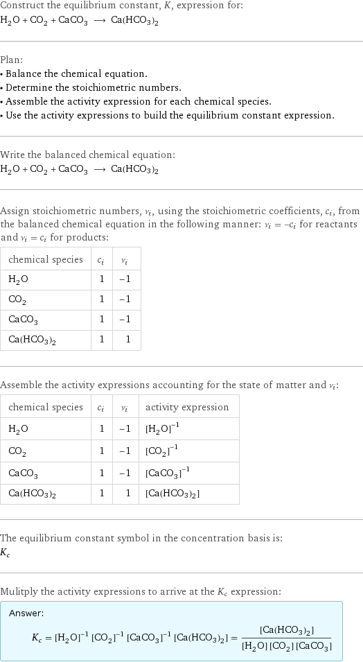 Construct the equilibrium constant, K, expression for: H_2O + CO_2 + CaCO_3 ⟶ Ca(HCO3)2 Plan: • Balance the chemical equation. • Determine the stoichiometric numbers. • Assemble the activity expression for each chemical species. • Use the activity expressions to build the equilibrium constant expression. Write the balanced chemical equation: H_2O + CO_2 + CaCO_3 ⟶ Ca(HCO3)2 Assign stoichiometric numbers, ν_i, using the stoichiometric coefficients, c_i, from the balanced chemical equation in the following manner: ν_i = -c_i for reactants and ν_i = c_i for products: chemical species | c_i | ν_i H_2O | 1 | -1 CO_2 | 1 | -1 CaCO_3 | 1 | -1 Ca(HCO3)2 | 1 | 1 Assemble the activity expressions accounting for the state of matter and ν_i: chemical species | c_i | ν_i | activity expression H_2O | 1 | -1 | ([H2O])^(-1) CO_2 | 1 | -1 | ([CO2])^(-1) CaCO_3 | 1 | -1 | ([CaCO3])^(-1) Ca(HCO3)2 | 1 | 1 | [Ca(HCO3)2] The equilibrium constant symbol in the concentration basis is: K_c Mulitply the activity expressions to arrive at the K_c expression: Answer: |   | K_c = ([H2O])^(-1) ([CO2])^(-1) ([CaCO3])^(-1) [Ca(HCO3)2] = ([Ca(HCO3)2])/([H2O] [CO2] [CaCO3])