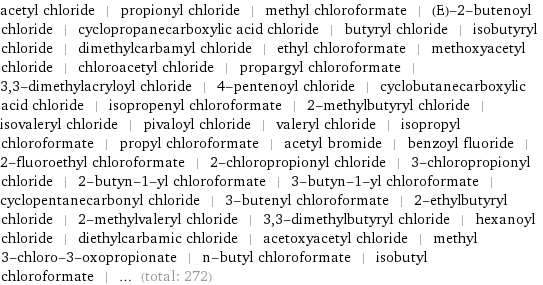 acetyl chloride | propionyl chloride | methyl chloroformate | (E)-2-butenoyl chloride | cyclopropanecarboxylic acid chloride | butyryl chloride | isobutyryl chloride | dimethylcarbamyl chloride | ethyl chloroformate | methoxyacetyl chloride | chloroacetyl chloride | propargyl chloroformate | 3, 3-dimethylacryloyl chloride | 4-pentenoyl chloride | cyclobutanecarboxylic acid chloride | isopropenyl chloroformate | 2-methylbutyryl chloride | isovaleryl chloride | pivaloyl chloride | valeryl chloride | isopropyl chloroformate | propyl chloroformate | acetyl bromide | benzoyl fluoride | 2-fluoroethyl chloroformate | 2-chloropropionyl chloride | 3-chloropropionyl chloride | 2-butyn-1-yl chloroformate | 3-butyn-1-yl chloroformate | cyclopentanecarbonyl chloride | 3-butenyl chloroformate | 2-ethylbutyryl chloride | 2-methylvaleryl chloride | 3, 3-dimethylbutyryl chloride | hexanoyl chloride | diethylcarbamic chloride | acetoxyacetyl chloride | methyl 3-chloro-3-oxopropionate | n-butyl chloroformate | isobutyl chloroformate | ... (total: 272)