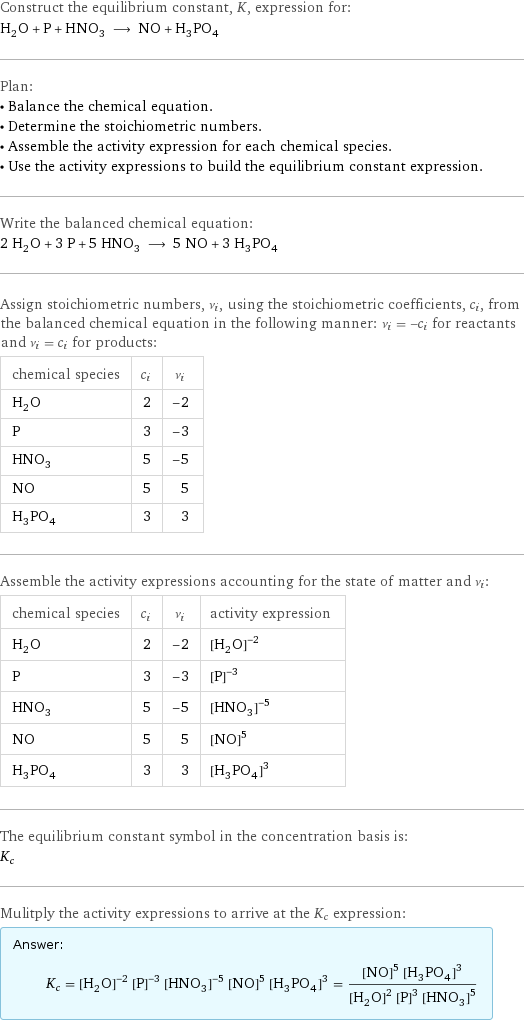 Construct the equilibrium constant, K, expression for: H_2O + P + HNO_3 ⟶ NO + H_3PO_4 Plan: • Balance the chemical equation. • Determine the stoichiometric numbers. • Assemble the activity expression for each chemical species. • Use the activity expressions to build the equilibrium constant expression. Write the balanced chemical equation: 2 H_2O + 3 P + 5 HNO_3 ⟶ 5 NO + 3 H_3PO_4 Assign stoichiometric numbers, ν_i, using the stoichiometric coefficients, c_i, from the balanced chemical equation in the following manner: ν_i = -c_i for reactants and ν_i = c_i for products: chemical species | c_i | ν_i H_2O | 2 | -2 P | 3 | -3 HNO_3 | 5 | -5 NO | 5 | 5 H_3PO_4 | 3 | 3 Assemble the activity expressions accounting for the state of matter and ν_i: chemical species | c_i | ν_i | activity expression H_2O | 2 | -2 | ([H2O])^(-2) P | 3 | -3 | ([P])^(-3) HNO_3 | 5 | -5 | ([HNO3])^(-5) NO | 5 | 5 | ([NO])^5 H_3PO_4 | 3 | 3 | ([H3PO4])^3 The equilibrium constant symbol in the concentration basis is: K_c Mulitply the activity expressions to arrive at the K_c expression: Answer: |   | K_c = ([H2O])^(-2) ([P])^(-3) ([HNO3])^(-5) ([NO])^5 ([H3PO4])^3 = (([NO])^5 ([H3PO4])^3)/(([H2O])^2 ([P])^3 ([HNO3])^5)