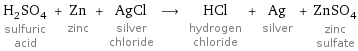 H_2SO_4 sulfuric acid + Zn zinc + AgCl silver chloride ⟶ HCl hydrogen chloride + Ag silver + ZnSO_4 zinc sulfate