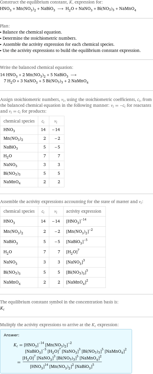 Construct the equilibrium constant, K, expression for: HNO_3 + Mn(NO_3)_2 + NaBiO_3 ⟶ H_2O + NaNO_3 + Bi(NO3)3 + NaMnO_4 Plan: • Balance the chemical equation. • Determine the stoichiometric numbers. • Assemble the activity expression for each chemical species. • Use the activity expressions to build the equilibrium constant expression. Write the balanced chemical equation: 14 HNO_3 + 2 Mn(NO_3)_2 + 5 NaBiO_3 ⟶ 7 H_2O + 3 NaNO_3 + 5 Bi(NO3)3 + 2 NaMnO_4 Assign stoichiometric numbers, ν_i, using the stoichiometric coefficients, c_i, from the balanced chemical equation in the following manner: ν_i = -c_i for reactants and ν_i = c_i for products: chemical species | c_i | ν_i HNO_3 | 14 | -14 Mn(NO_3)_2 | 2 | -2 NaBiO_3 | 5 | -5 H_2O | 7 | 7 NaNO_3 | 3 | 3 Bi(NO3)3 | 5 | 5 NaMnO_4 | 2 | 2 Assemble the activity expressions accounting for the state of matter and ν_i: chemical species | c_i | ν_i | activity expression HNO_3 | 14 | -14 | ([HNO3])^(-14) Mn(NO_3)_2 | 2 | -2 | ([Mn(NO3)2])^(-2) NaBiO_3 | 5 | -5 | ([NaBiO3])^(-5) H_2O | 7 | 7 | ([H2O])^7 NaNO_3 | 3 | 3 | ([NaNO3])^3 Bi(NO3)3 | 5 | 5 | ([Bi(NO3)3])^5 NaMnO_4 | 2 | 2 | ([NaMnO4])^2 The equilibrium constant symbol in the concentration basis is: K_c Mulitply the activity expressions to arrive at the K_c expression: Answer: |   | K_c = ([HNO3])^(-14) ([Mn(NO3)2])^(-2) ([NaBiO3])^(-5) ([H2O])^7 ([NaNO3])^3 ([Bi(NO3)3])^5 ([NaMnO4])^2 = (([H2O])^7 ([NaNO3])^3 ([Bi(NO3)3])^5 ([NaMnO4])^2)/(([HNO3])^14 ([Mn(NO3)2])^2 ([NaBiO3])^5)