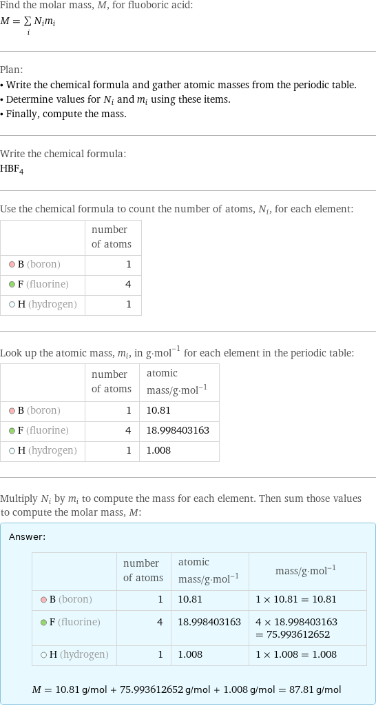 Find the molar mass, M, for fluoboric acid: M = sum _iN_im_i Plan: • Write the chemical formula and gather atomic masses from the periodic table. • Determine values for N_i and m_i using these items. • Finally, compute the mass. Write the chemical formula: HBF_4 Use the chemical formula to count the number of atoms, N_i, for each element:  | number of atoms  B (boron) | 1  F (fluorine) | 4  H (hydrogen) | 1 Look up the atomic mass, m_i, in g·mol^(-1) for each element in the periodic table:  | number of atoms | atomic mass/g·mol^(-1)  B (boron) | 1 | 10.81  F (fluorine) | 4 | 18.998403163  H (hydrogen) | 1 | 1.008 Multiply N_i by m_i to compute the mass for each element. Then sum those values to compute the molar mass, M: Answer: |   | | number of atoms | atomic mass/g·mol^(-1) | mass/g·mol^(-1)  B (boron) | 1 | 10.81 | 1 × 10.81 = 10.81  F (fluorine) | 4 | 18.998403163 | 4 × 18.998403163 = 75.993612652  H (hydrogen) | 1 | 1.008 | 1 × 1.008 = 1.008  M = 10.81 g/mol + 75.993612652 g/mol + 1.008 g/mol = 87.81 g/mol