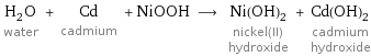 H_2O water + Cd cadmium + NiOOH ⟶ Ni(OH)_2 nickel(II) hydroxide + Cd(OH)_2 cadmium hydroxide