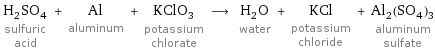 H_2SO_4 sulfuric acid + Al aluminum + KClO_3 potassium chlorate ⟶ H_2O water + KCl potassium chloride + Al_2(SO_4)_3 aluminum sulfate