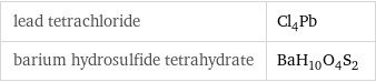 lead tetrachloride | Cl_4Pb barium hydrosulfide tetrahydrate | BaH_10O_4S_2