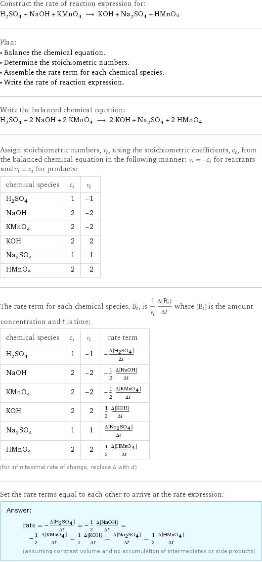 Construct the rate of reaction expression for: H_2SO_4 + NaOH + KMnO_4 ⟶ KOH + Na_2SO_4 + HMnO4 Plan: • Balance the chemical equation. • Determine the stoichiometric numbers. • Assemble the rate term for each chemical species. • Write the rate of reaction expression. Write the balanced chemical equation: H_2SO_4 + 2 NaOH + 2 KMnO_4 ⟶ 2 KOH + Na_2SO_4 + 2 HMnO4 Assign stoichiometric numbers, ν_i, using the stoichiometric coefficients, c_i, from the balanced chemical equation in the following manner: ν_i = -c_i for reactants and ν_i = c_i for products: chemical species | c_i | ν_i H_2SO_4 | 1 | -1 NaOH | 2 | -2 KMnO_4 | 2 | -2 KOH | 2 | 2 Na_2SO_4 | 1 | 1 HMnO4 | 2 | 2 The rate term for each chemical species, B_i, is 1/ν_i(Δ[B_i])/(Δt) where [B_i] is the amount concentration and t is time: chemical species | c_i | ν_i | rate term H_2SO_4 | 1 | -1 | -(Δ[H2SO4])/(Δt) NaOH | 2 | -2 | -1/2 (Δ[NaOH])/(Δt) KMnO_4 | 2 | -2 | -1/2 (Δ[KMnO4])/(Δt) KOH | 2 | 2 | 1/2 (Δ[KOH])/(Δt) Na_2SO_4 | 1 | 1 | (Δ[Na2SO4])/(Δt) HMnO4 | 2 | 2 | 1/2 (Δ[HMnO4])/(Δt) (for infinitesimal rate of change, replace Δ with d) Set the rate terms equal to each other to arrive at the rate expression: Answer: |   | rate = -(Δ[H2SO4])/(Δt) = -1/2 (Δ[NaOH])/(Δt) = -1/2 (Δ[KMnO4])/(Δt) = 1/2 (Δ[KOH])/(Δt) = (Δ[Na2SO4])/(Δt) = 1/2 (Δ[HMnO4])/(Δt) (assuming constant volume and no accumulation of intermediates or side products)