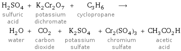 H_2SO_4 sulfuric acid + K_2Cr_2O_7 potassium dichromate + C_3H_6 cyclopropane ⟶ H_2O water + CO_2 carbon dioxide + K_2SO_4 potassium sulfate + Cr_2(SO_4)_3 chromium sulfate + CH_3CO_2H acetic acid