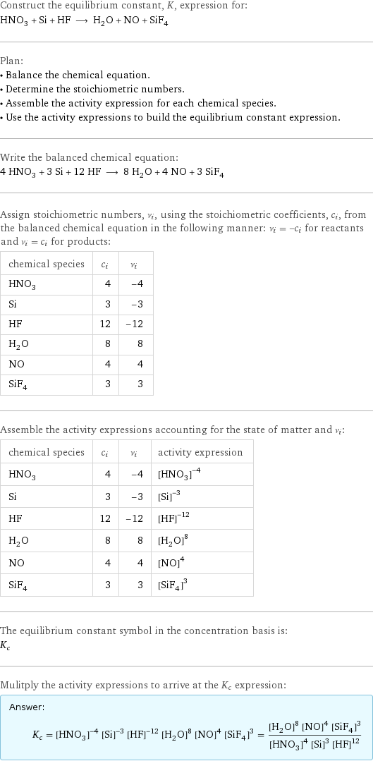 Construct the equilibrium constant, K, expression for: HNO_3 + Si + HF ⟶ H_2O + NO + SiF_4 Plan: • Balance the chemical equation. • Determine the stoichiometric numbers. • Assemble the activity expression for each chemical species. • Use the activity expressions to build the equilibrium constant expression. Write the balanced chemical equation: 4 HNO_3 + 3 Si + 12 HF ⟶ 8 H_2O + 4 NO + 3 SiF_4 Assign stoichiometric numbers, ν_i, using the stoichiometric coefficients, c_i, from the balanced chemical equation in the following manner: ν_i = -c_i for reactants and ν_i = c_i for products: chemical species | c_i | ν_i HNO_3 | 4 | -4 Si | 3 | -3 HF | 12 | -12 H_2O | 8 | 8 NO | 4 | 4 SiF_4 | 3 | 3 Assemble the activity expressions accounting for the state of matter and ν_i: chemical species | c_i | ν_i | activity expression HNO_3 | 4 | -4 | ([HNO3])^(-4) Si | 3 | -3 | ([Si])^(-3) HF | 12 | -12 | ([HF])^(-12) H_2O | 8 | 8 | ([H2O])^8 NO | 4 | 4 | ([NO])^4 SiF_4 | 3 | 3 | ([SiF4])^3 The equilibrium constant symbol in the concentration basis is: K_c Mulitply the activity expressions to arrive at the K_c expression: Answer: |   | K_c = ([HNO3])^(-4) ([Si])^(-3) ([HF])^(-12) ([H2O])^8 ([NO])^4 ([SiF4])^3 = (([H2O])^8 ([NO])^4 ([SiF4])^3)/(([HNO3])^4 ([Si])^3 ([HF])^12)