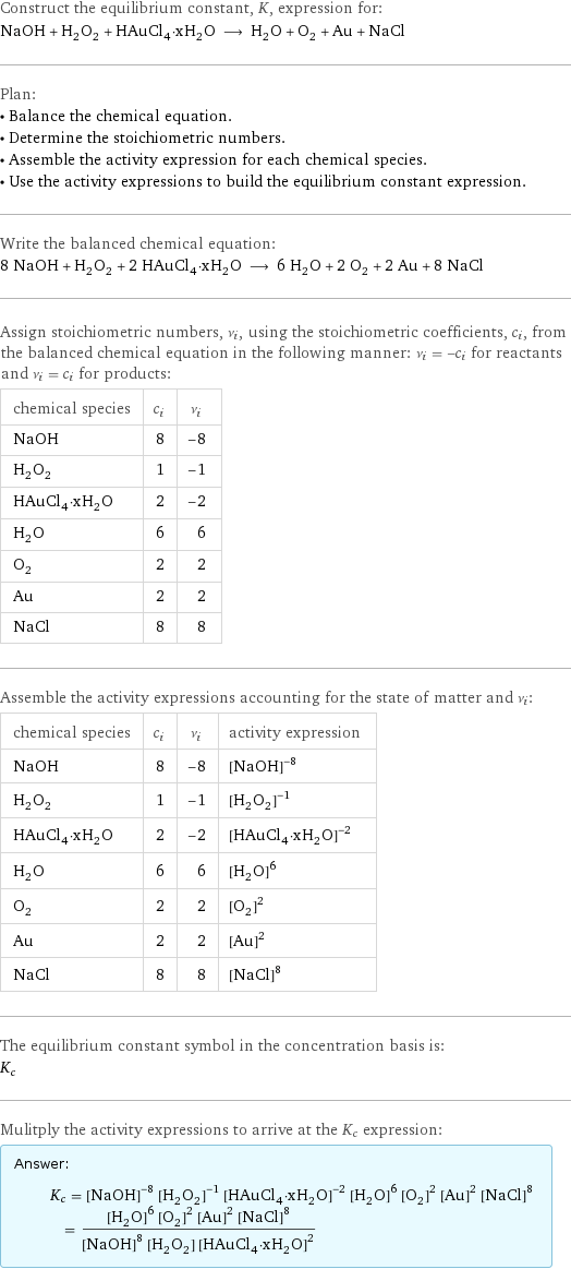 Construct the equilibrium constant, K, expression for: NaOH + H_2O_2 + HAuCl_4·xH_2O ⟶ H_2O + O_2 + Au + NaCl Plan: • Balance the chemical equation. • Determine the stoichiometric numbers. • Assemble the activity expression for each chemical species. • Use the activity expressions to build the equilibrium constant expression. Write the balanced chemical equation: 8 NaOH + H_2O_2 + 2 HAuCl_4·xH_2O ⟶ 6 H_2O + 2 O_2 + 2 Au + 8 NaCl Assign stoichiometric numbers, ν_i, using the stoichiometric coefficients, c_i, from the balanced chemical equation in the following manner: ν_i = -c_i for reactants and ν_i = c_i for products: chemical species | c_i | ν_i NaOH | 8 | -8 H_2O_2 | 1 | -1 HAuCl_4·xH_2O | 2 | -2 H_2O | 6 | 6 O_2 | 2 | 2 Au | 2 | 2 NaCl | 8 | 8 Assemble the activity expressions accounting for the state of matter and ν_i: chemical species | c_i | ν_i | activity expression NaOH | 8 | -8 | ([NaOH])^(-8) H_2O_2 | 1 | -1 | ([H2O2])^(-1) HAuCl_4·xH_2O | 2 | -2 | ([HAuCl4·xH2O])^(-2) H_2O | 6 | 6 | ([H2O])^6 O_2 | 2 | 2 | ([O2])^2 Au | 2 | 2 | ([Au])^2 NaCl | 8 | 8 | ([NaCl])^8 The equilibrium constant symbol in the concentration basis is: K_c Mulitply the activity expressions to arrive at the K_c expression: Answer: |   | K_c = ([NaOH])^(-8) ([H2O2])^(-1) ([HAuCl4·xH2O])^(-2) ([H2O])^6 ([O2])^2 ([Au])^2 ([NaCl])^8 = (([H2O])^6 ([O2])^2 ([Au])^2 ([NaCl])^8)/(([NaOH])^8 [H2O2] ([HAuCl4·xH2O])^2)