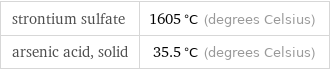 strontium sulfate | 1605 °C (degrees Celsius) arsenic acid, solid | 35.5 °C (degrees Celsius)