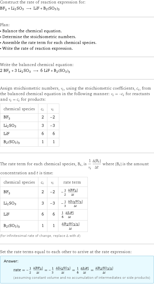 Construct the rate of reaction expression for: BF_3 + Li2SO3 ⟶ LiF + B2(SO3)3 Plan: • Balance the chemical equation. • Determine the stoichiometric numbers. • Assemble the rate term for each chemical species. • Write the rate of reaction expression. Write the balanced chemical equation: 2 BF_3 + 3 Li2SO3 ⟶ 6 LiF + B2(SO3)3 Assign stoichiometric numbers, ν_i, using the stoichiometric coefficients, c_i, from the balanced chemical equation in the following manner: ν_i = -c_i for reactants and ν_i = c_i for products: chemical species | c_i | ν_i BF_3 | 2 | -2 Li2SO3 | 3 | -3 LiF | 6 | 6 B2(SO3)3 | 1 | 1 The rate term for each chemical species, B_i, is 1/ν_i(Δ[B_i])/(Δt) where [B_i] is the amount concentration and t is time: chemical species | c_i | ν_i | rate term BF_3 | 2 | -2 | -1/2 (Δ[BF3])/(Δt) Li2SO3 | 3 | -3 | -1/3 (Δ[Li2SO3])/(Δt) LiF | 6 | 6 | 1/6 (Δ[LiF])/(Δt) B2(SO3)3 | 1 | 1 | (Δ[B2(SO3)3])/(Δt) (for infinitesimal rate of change, replace Δ with d) Set the rate terms equal to each other to arrive at the rate expression: Answer: |   | rate = -1/2 (Δ[BF3])/(Δt) = -1/3 (Δ[Li2SO3])/(Δt) = 1/6 (Δ[LiF])/(Δt) = (Δ[B2(SO3)3])/(Δt) (assuming constant volume and no accumulation of intermediates or side products)