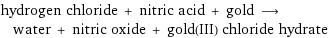 hydrogen chloride + nitric acid + gold ⟶ water + nitric oxide + gold(III) chloride hydrate