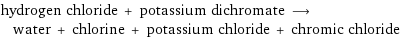 hydrogen chloride + potassium dichromate ⟶ water + chlorine + potassium chloride + chromic chloride