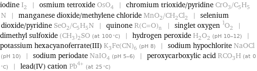 iodine I_2 | osmium tetroxide OsO_4 | chromium trioxide/pyridine CrO_3/C_5H_5N | manganese dioxide/methylene chloride MnO_2/CH_2Cl_2 | selenium dioxide/pyridine SeO_2/C_5H_5N | quinone R(C=O)_n | singlet oxygen ^1O_2 | dimethyl sulfoxide (CH_3)_2SO (at 100 °C) | hydrogen peroxide H_2O_2 (pH 10-12) | potassium hexacyanoferrate(III) K_3Fe(CN)_6 (pH 8) | sodium hypochlorite NaOCl (pH 10) | sodium periodate NaIO_4 (pH 5-6) | peroxycarboxylic acid RCO_3H (at 0 °C) | lead(IV) cation Pb^(4+) (at 25 °C)