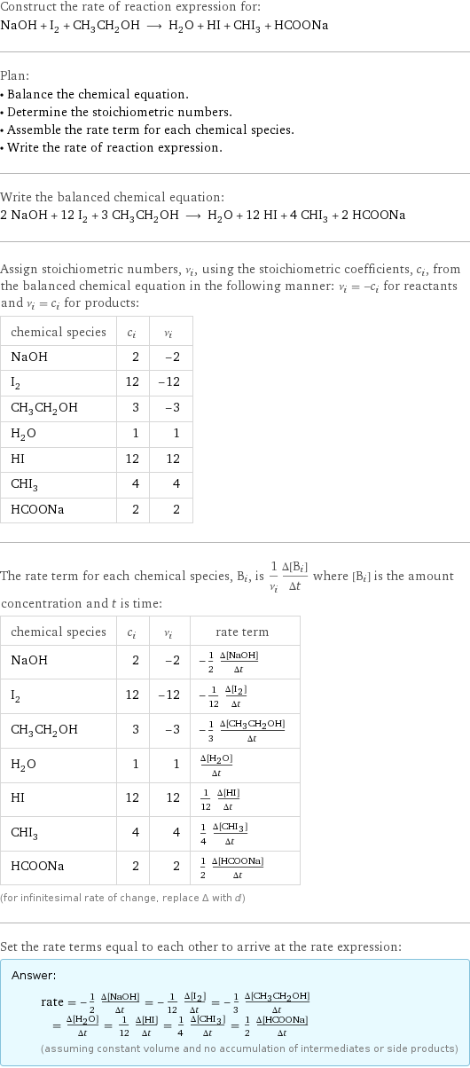 Construct the rate of reaction expression for: NaOH + I_2 + CH_3CH_2OH ⟶ H_2O + HI + CHI_3 + HCOONa Plan: • Balance the chemical equation. • Determine the stoichiometric numbers. • Assemble the rate term for each chemical species. • Write the rate of reaction expression. Write the balanced chemical equation: 2 NaOH + 12 I_2 + 3 CH_3CH_2OH ⟶ H_2O + 12 HI + 4 CHI_3 + 2 HCOONa Assign stoichiometric numbers, ν_i, using the stoichiometric coefficients, c_i, from the balanced chemical equation in the following manner: ν_i = -c_i for reactants and ν_i = c_i for products: chemical species | c_i | ν_i NaOH | 2 | -2 I_2 | 12 | -12 CH_3CH_2OH | 3 | -3 H_2O | 1 | 1 HI | 12 | 12 CHI_3 | 4 | 4 HCOONa | 2 | 2 The rate term for each chemical species, B_i, is 1/ν_i(Δ[B_i])/(Δt) where [B_i] is the amount concentration and t is time: chemical species | c_i | ν_i | rate term NaOH | 2 | -2 | -1/2 (Δ[NaOH])/(Δt) I_2 | 12 | -12 | -1/12 (Δ[I2])/(Δt) CH_3CH_2OH | 3 | -3 | -1/3 (Δ[CH3CH2OH])/(Δt) H_2O | 1 | 1 | (Δ[H2O])/(Δt) HI | 12 | 12 | 1/12 (Δ[HI])/(Δt) CHI_3 | 4 | 4 | 1/4 (Δ[CHI3])/(Δt) HCOONa | 2 | 2 | 1/2 (Δ[HCOONa])/(Δt) (for infinitesimal rate of change, replace Δ with d) Set the rate terms equal to each other to arrive at the rate expression: Answer: |   | rate = -1/2 (Δ[NaOH])/(Δt) = -1/12 (Δ[I2])/(Δt) = -1/3 (Δ[CH3CH2OH])/(Δt) = (Δ[H2O])/(Δt) = 1/12 (Δ[HI])/(Δt) = 1/4 (Δ[CHI3])/(Δt) = 1/2 (Δ[HCOONa])/(Δt) (assuming constant volume and no accumulation of intermediates or side products)