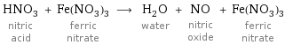 HNO_3 nitric acid + Fe(NO_3)_3 ferric nitrate ⟶ H_2O water + NO nitric oxide + Fe(NO_3)_3 ferric nitrate