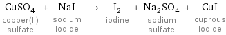 CuSO_4 copper(II) sulfate + NaI sodium iodide ⟶ I_2 iodine + Na_2SO_4 sodium sulfate + CuI cuprous iodide