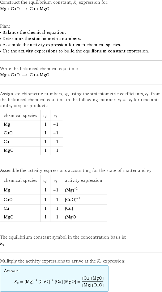 Construct the equilibrium constant, K, expression for: Mg + CuO ⟶ Cu + MgO Plan: • Balance the chemical equation. • Determine the stoichiometric numbers. • Assemble the activity expression for each chemical species. • Use the activity expressions to build the equilibrium constant expression. Write the balanced chemical equation: Mg + CuO ⟶ Cu + MgO Assign stoichiometric numbers, ν_i, using the stoichiometric coefficients, c_i, from the balanced chemical equation in the following manner: ν_i = -c_i for reactants and ν_i = c_i for products: chemical species | c_i | ν_i Mg | 1 | -1 CuO | 1 | -1 Cu | 1 | 1 MgO | 1 | 1 Assemble the activity expressions accounting for the state of matter and ν_i: chemical species | c_i | ν_i | activity expression Mg | 1 | -1 | ([Mg])^(-1) CuO | 1 | -1 | ([CuO])^(-1) Cu | 1 | 1 | [Cu] MgO | 1 | 1 | [MgO] The equilibrium constant symbol in the concentration basis is: K_c Mulitply the activity expressions to arrive at the K_c expression: Answer: |   | K_c = ([Mg])^(-1) ([CuO])^(-1) [Cu] [MgO] = ([Cu] [MgO])/([Mg] [CuO])