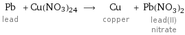Pb lead + Cu(NO3)24 ⟶ Cu copper + Pb(NO_3)_2 lead(II) nitrate