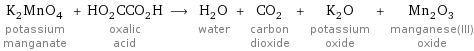 K_2MnO_4 potassium manganate + HO_2CCO_2H oxalic acid ⟶ H_2O water + CO_2 carbon dioxide + K_2O potassium oxide + Mn_2O_3 manganese(III) oxide