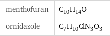 menthofuran | C_10H_14O ornidazole | C_7H_10ClN_3O_3