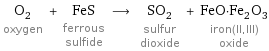 O_2 oxygen + FeS ferrous sulfide ⟶ SO_2 sulfur dioxide + FeO·Fe_2O_3 iron(II, III) oxide