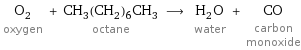 O_2 oxygen + CH_3(CH_2)_6CH_3 octane ⟶ H_2O water + CO carbon monoxide