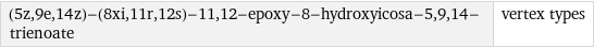 (5z, 9e, 14z)-(8xi, 11r, 12s)-11, 12-epoxy-8-hydroxyicosa-5, 9, 14-trienoate | vertex types