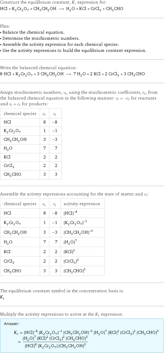 Construct the equilibrium constant, K, expression for: HCl + K_2Cr_2O_7 + CH_3CH_2OH ⟶ H_2O + KCl + CrCl_3 + CH_3CHO Plan: • Balance the chemical equation. • Determine the stoichiometric numbers. • Assemble the activity expression for each chemical species. • Use the activity expressions to build the equilibrium constant expression. Write the balanced chemical equation: 8 HCl + K_2Cr_2O_7 + 3 CH_3CH_2OH ⟶ 7 H_2O + 2 KCl + 2 CrCl_3 + 3 CH_3CHO Assign stoichiometric numbers, ν_i, using the stoichiometric coefficients, c_i, from the balanced chemical equation in the following manner: ν_i = -c_i for reactants and ν_i = c_i for products: chemical species | c_i | ν_i HCl | 8 | -8 K_2Cr_2O_7 | 1 | -1 CH_3CH_2OH | 3 | -3 H_2O | 7 | 7 KCl | 2 | 2 CrCl_3 | 2 | 2 CH_3CHO | 3 | 3 Assemble the activity expressions accounting for the state of matter and ν_i: chemical species | c_i | ν_i | activity expression HCl | 8 | -8 | ([HCl])^(-8) K_2Cr_2O_7 | 1 | -1 | ([K2Cr2O7])^(-1) CH_3CH_2OH | 3 | -3 | ([CH3CH2OH])^(-3) H_2O | 7 | 7 | ([H2O])^7 KCl | 2 | 2 | ([KCl])^2 CrCl_3 | 2 | 2 | ([CrCl3])^2 CH_3CHO | 3 | 3 | ([CH3CHO])^3 The equilibrium constant symbol in the concentration basis is: K_c Mulitply the activity expressions to arrive at the K_c expression: Answer: |   | K_c = ([HCl])^(-8) ([K2Cr2O7])^(-1) ([CH3CH2OH])^(-3) ([H2O])^7 ([KCl])^2 ([CrCl3])^2 ([CH3CHO])^3 = (([H2O])^7 ([KCl])^2 ([CrCl3])^2 ([CH3CHO])^3)/(([HCl])^8 [K2Cr2O7] ([CH3CH2OH])^3)