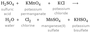 H_2SO_4 sulfuric acid + KMnO_4 potassium permanganate + KCl potassium chloride ⟶ H_2O water + Cl_2 chlorine + MnSO_4 manganese(II) sulfate + KHSO_4 potassium bisulfate