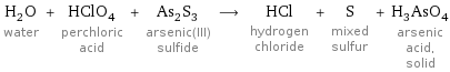 H_2O water + HClO_4 perchloric acid + As_2S_3 arsenic(III) sulfide ⟶ HCl hydrogen chloride + S mixed sulfur + H_3AsO_4 arsenic acid, solid