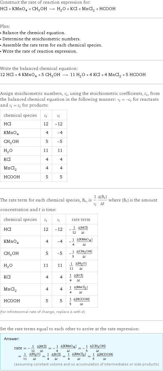 Construct the rate of reaction expression for: HCl + KMnO_4 + CH_3OH ⟶ H_2O + KCl + MnCl_2 + HCOOH Plan: • Balance the chemical equation. • Determine the stoichiometric numbers. • Assemble the rate term for each chemical species. • Write the rate of reaction expression. Write the balanced chemical equation: 12 HCl + 4 KMnO_4 + 5 CH_3OH ⟶ 11 H_2O + 4 KCl + 4 MnCl_2 + 5 HCOOH Assign stoichiometric numbers, ν_i, using the stoichiometric coefficients, c_i, from the balanced chemical equation in the following manner: ν_i = -c_i for reactants and ν_i = c_i for products: chemical species | c_i | ν_i HCl | 12 | -12 KMnO_4 | 4 | -4 CH_3OH | 5 | -5 H_2O | 11 | 11 KCl | 4 | 4 MnCl_2 | 4 | 4 HCOOH | 5 | 5 The rate term for each chemical species, B_i, is 1/ν_i(Δ[B_i])/(Δt) where [B_i] is the amount concentration and t is time: chemical species | c_i | ν_i | rate term HCl | 12 | -12 | -1/12 (Δ[HCl])/(Δt) KMnO_4 | 4 | -4 | -1/4 (Δ[KMnO4])/(Δt) CH_3OH | 5 | -5 | -1/5 (Δ[CH3OH])/(Δt) H_2O | 11 | 11 | 1/11 (Δ[H2O])/(Δt) KCl | 4 | 4 | 1/4 (Δ[KCl])/(Δt) MnCl_2 | 4 | 4 | 1/4 (Δ[MnCl2])/(Δt) HCOOH | 5 | 5 | 1/5 (Δ[HCOOH])/(Δt) (for infinitesimal rate of change, replace Δ with d) Set the rate terms equal to each other to arrive at the rate expression: Answer: |   | rate = -1/12 (Δ[HCl])/(Δt) = -1/4 (Δ[KMnO4])/(Δt) = -1/5 (Δ[CH3OH])/(Δt) = 1/11 (Δ[H2O])/(Δt) = 1/4 (Δ[KCl])/(Δt) = 1/4 (Δ[MnCl2])/(Δt) = 1/5 (Δ[HCOOH])/(Δt) (assuming constant volume and no accumulation of intermediates or side products)