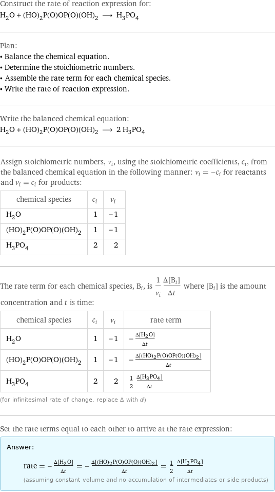 Construct the rate of reaction expression for: H_2O + (HO)_2P(O)OP(O)(OH)_2 ⟶ H_3PO_4 Plan: • Balance the chemical equation. • Determine the stoichiometric numbers. • Assemble the rate term for each chemical species. • Write the rate of reaction expression. Write the balanced chemical equation: H_2O + (HO)_2P(O)OP(O)(OH)_2 ⟶ 2 H_3PO_4 Assign stoichiometric numbers, ν_i, using the stoichiometric coefficients, c_i, from the balanced chemical equation in the following manner: ν_i = -c_i for reactants and ν_i = c_i for products: chemical species | c_i | ν_i H_2O | 1 | -1 (HO)_2P(O)OP(O)(OH)_2 | 1 | -1 H_3PO_4 | 2 | 2 The rate term for each chemical species, B_i, is 1/ν_i(Δ[B_i])/(Δt) where [B_i] is the amount concentration and t is time: chemical species | c_i | ν_i | rate term H_2O | 1 | -1 | -(Δ[H2O])/(Δt) (HO)_2P(O)OP(O)(OH)_2 | 1 | -1 | -(Δ[(HO)2P(O)OP(O)(OH)2])/(Δt) H_3PO_4 | 2 | 2 | 1/2 (Δ[H3PO4])/(Δt) (for infinitesimal rate of change, replace Δ with d) Set the rate terms equal to each other to arrive at the rate expression: Answer: |   | rate = -(Δ[H2O])/(Δt) = -(Δ[(HO)2P(O)OP(O)(OH)2])/(Δt) = 1/2 (Δ[H3PO4])/(Δt) (assuming constant volume and no accumulation of intermediates or side products)