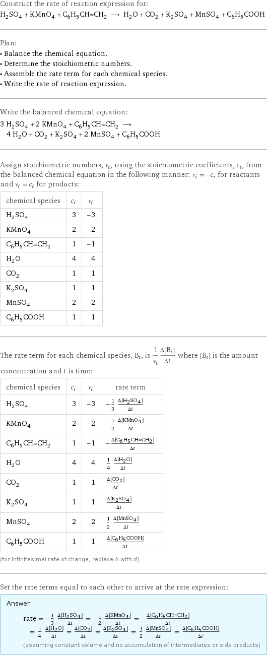 Construct the rate of reaction expression for: H_2SO_4 + KMnO_4 + C_6H_5CH=CH_2 ⟶ H_2O + CO_2 + K_2SO_4 + MnSO_4 + C_6H_5COOH Plan: • Balance the chemical equation. • Determine the stoichiometric numbers. • Assemble the rate term for each chemical species. • Write the rate of reaction expression. Write the balanced chemical equation: 3 H_2SO_4 + 2 KMnO_4 + C_6H_5CH=CH_2 ⟶ 4 H_2O + CO_2 + K_2SO_4 + 2 MnSO_4 + C_6H_5COOH Assign stoichiometric numbers, ν_i, using the stoichiometric coefficients, c_i, from the balanced chemical equation in the following manner: ν_i = -c_i for reactants and ν_i = c_i for products: chemical species | c_i | ν_i H_2SO_4 | 3 | -3 KMnO_4 | 2 | -2 C_6H_5CH=CH_2 | 1 | -1 H_2O | 4 | 4 CO_2 | 1 | 1 K_2SO_4 | 1 | 1 MnSO_4 | 2 | 2 C_6H_5COOH | 1 | 1 The rate term for each chemical species, B_i, is 1/ν_i(Δ[B_i])/(Δt) where [B_i] is the amount concentration and t is time: chemical species | c_i | ν_i | rate term H_2SO_4 | 3 | -3 | -1/3 (Δ[H2SO4])/(Δt) KMnO_4 | 2 | -2 | -1/2 (Δ[KMnO4])/(Δt) C_6H_5CH=CH_2 | 1 | -1 | -(Δ[C6H5CH=CH2])/(Δt) H_2O | 4 | 4 | 1/4 (Δ[H2O])/(Δt) CO_2 | 1 | 1 | (Δ[CO2])/(Δt) K_2SO_4 | 1 | 1 | (Δ[K2SO4])/(Δt) MnSO_4 | 2 | 2 | 1/2 (Δ[MnSO4])/(Δt) C_6H_5COOH | 1 | 1 | (Δ[C6H5COOH])/(Δt) (for infinitesimal rate of change, replace Δ with d) Set the rate terms equal to each other to arrive at the rate expression: Answer: |   | rate = -1/3 (Δ[H2SO4])/(Δt) = -1/2 (Δ[KMnO4])/(Δt) = -(Δ[C6H5CH=CH2])/(Δt) = 1/4 (Δ[H2O])/(Δt) = (Δ[CO2])/(Δt) = (Δ[K2SO4])/(Δt) = 1/2 (Δ[MnSO4])/(Δt) = (Δ[C6H5COOH])/(Δt) (assuming constant volume and no accumulation of intermediates or side products)