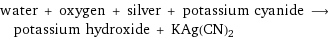 water + oxygen + silver + potassium cyanide ⟶ potassium hydroxide + KAg(CN)2