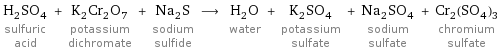 H_2SO_4 sulfuric acid + K_2Cr_2O_7 potassium dichromate + Na_2S sodium sulfide ⟶ H_2O water + K_2SO_4 potassium sulfate + Na_2SO_4 sodium sulfate + Cr_2(SO_4)_3 chromium sulfate