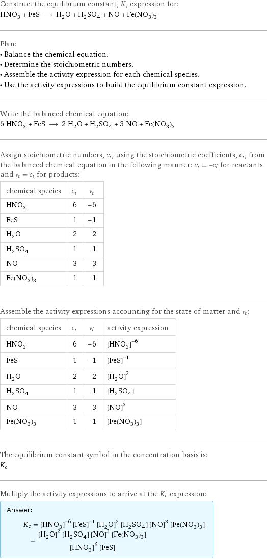 Construct the equilibrium constant, K, expression for: HNO_3 + FeS ⟶ H_2O + H_2SO_4 + NO + Fe(NO_3)_3 Plan: • Balance the chemical equation. • Determine the stoichiometric numbers. • Assemble the activity expression for each chemical species. • Use the activity expressions to build the equilibrium constant expression. Write the balanced chemical equation: 6 HNO_3 + FeS ⟶ 2 H_2O + H_2SO_4 + 3 NO + Fe(NO_3)_3 Assign stoichiometric numbers, ν_i, using the stoichiometric coefficients, c_i, from the balanced chemical equation in the following manner: ν_i = -c_i for reactants and ν_i = c_i for products: chemical species | c_i | ν_i HNO_3 | 6 | -6 FeS | 1 | -1 H_2O | 2 | 2 H_2SO_4 | 1 | 1 NO | 3 | 3 Fe(NO_3)_3 | 1 | 1 Assemble the activity expressions accounting for the state of matter and ν_i: chemical species | c_i | ν_i | activity expression HNO_3 | 6 | -6 | ([HNO3])^(-6) FeS | 1 | -1 | ([FeS])^(-1) H_2O | 2 | 2 | ([H2O])^2 H_2SO_4 | 1 | 1 | [H2SO4] NO | 3 | 3 | ([NO])^3 Fe(NO_3)_3 | 1 | 1 | [Fe(NO3)3] The equilibrium constant symbol in the concentration basis is: K_c Mulitply the activity expressions to arrive at the K_c expression: Answer: |   | K_c = ([HNO3])^(-6) ([FeS])^(-1) ([H2O])^2 [H2SO4] ([NO])^3 [Fe(NO3)3] = (([H2O])^2 [H2SO4] ([NO])^3 [Fe(NO3)3])/(([HNO3])^6 [FeS])
